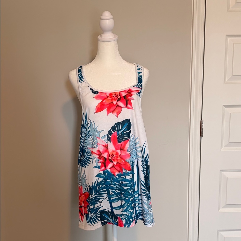 Floral Print Tank Top - White and Pink